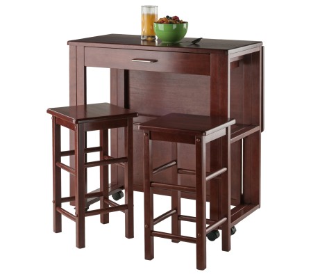 Fremont Space-Saver Extendable Table with 2 Tuck-Away Stools, 31' Wide, 32' High, Walnut