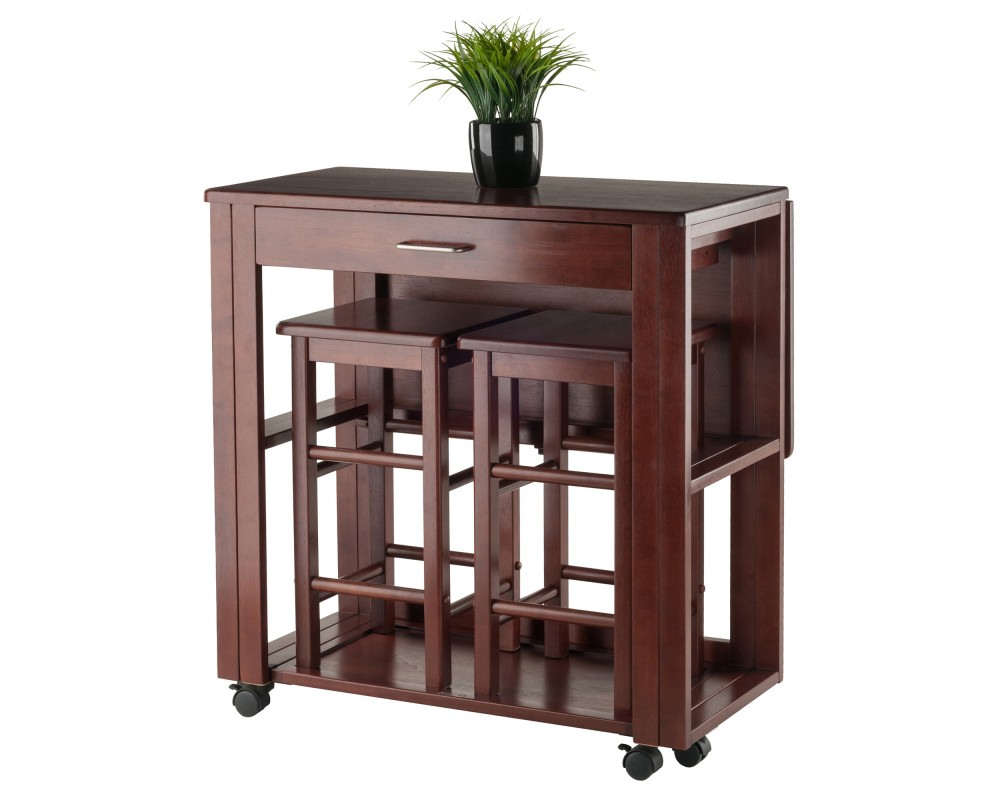 Fremont Space-Saver Extendable Table with 2 Tuck-Away Stools, 31' Wide, 32' High, Walnut