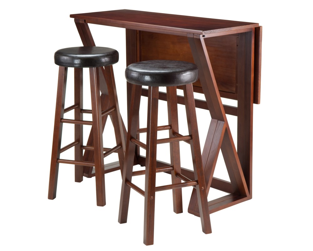 Harrington High Foldable Dining Table with 2 Cushion Bar Stools, 36' High, 39' Wide, Espresso and Walnut