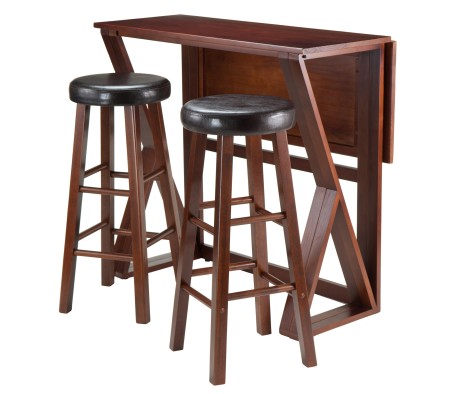 Harrington High Foldable Dining Table with 2 Cushion Bar Stools, 36' High, 39' Wide, Espresso and Walnut