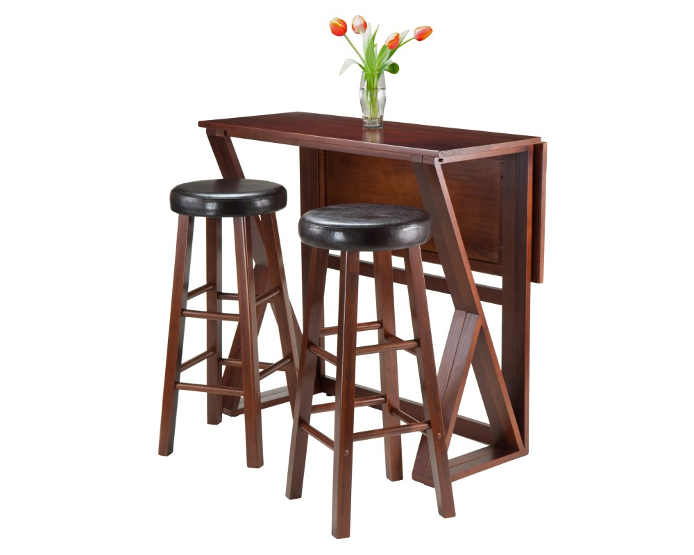 Harrington High Foldable Dining Table with 2 Cushion Bar Stools, 36' High, 39' Wide, Espresso and Walnut