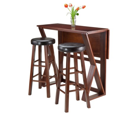 Harrington High Foldable Dining Table with 2 Cushion Bar Stools, 36' High, 39' Wide, Espresso and Walnut