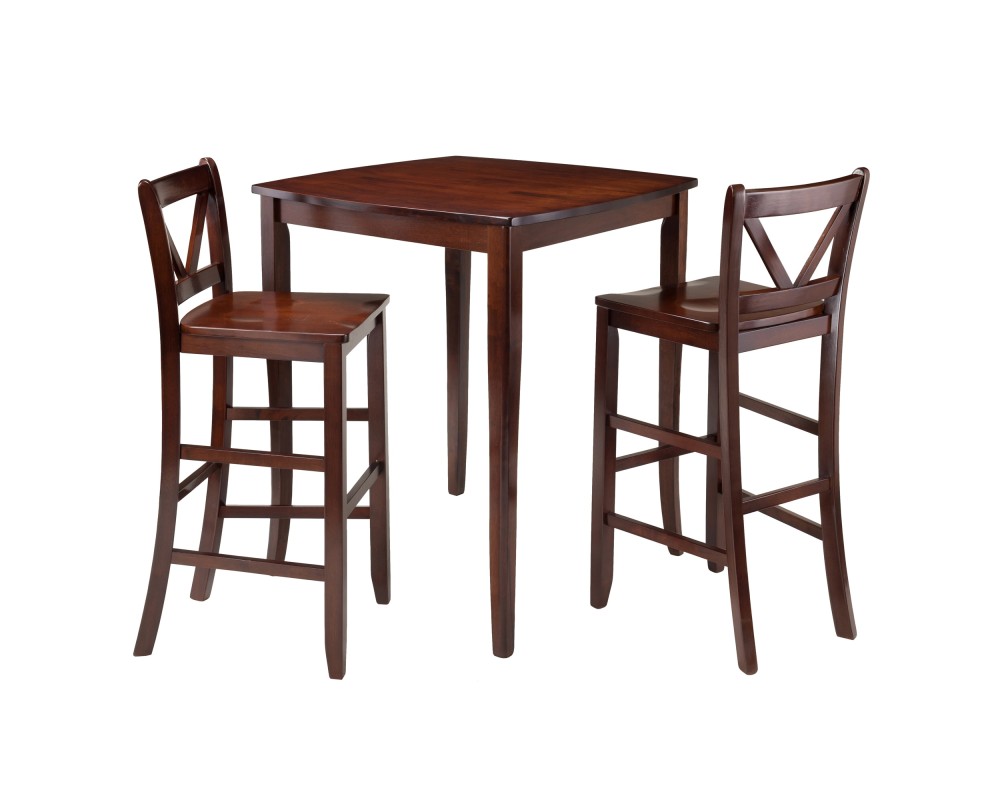 Inglewood High Dining Table with 2 V-Back Bar Stools, 39' High, 34' Wide, Walnut