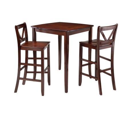 Inglewood High Dining Table with 2 V-Back Bar Stools, 39' High, 34' Wide, Walnut