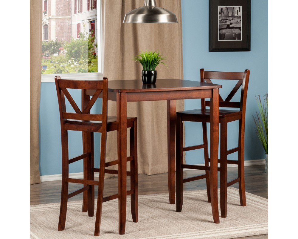 Inglewood High Dining Table with 2 V-Back Bar Stools, 39' High, 34' Wide, Walnut