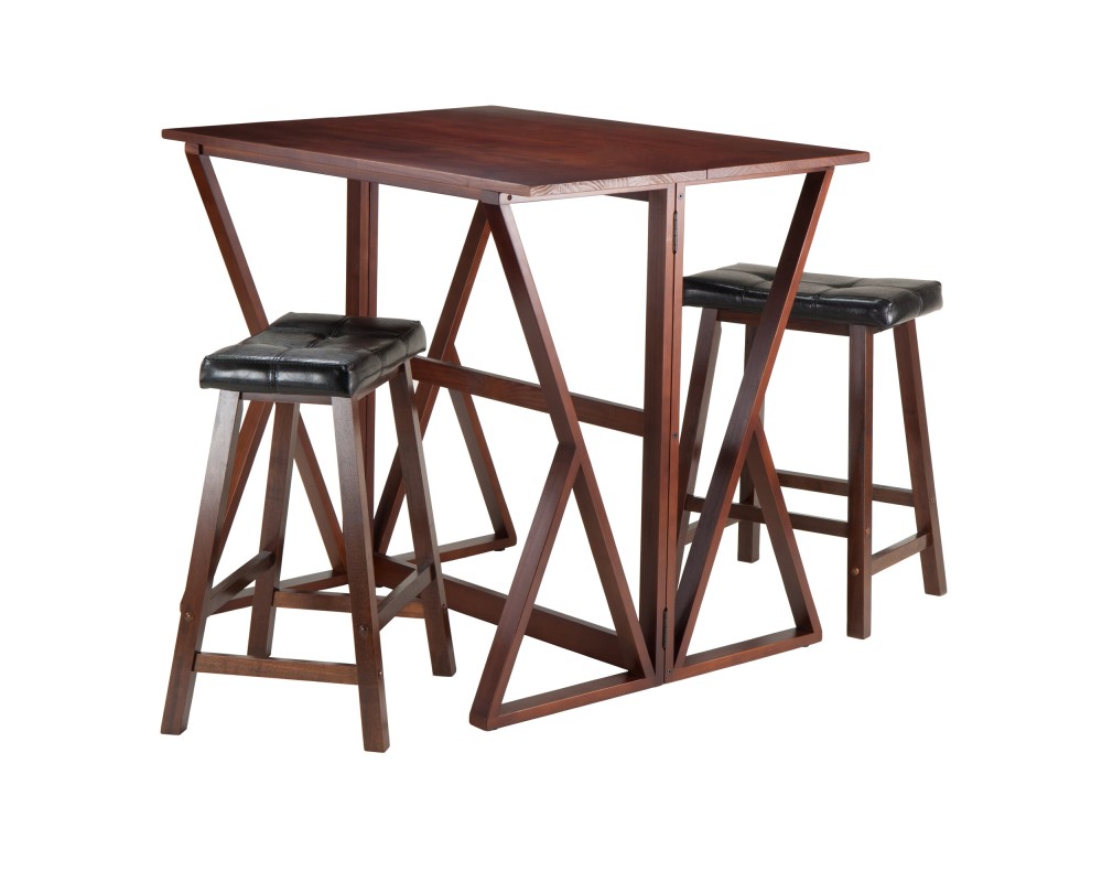 Harrington High Foldable Dining Table with 2 Cushion Saddle-Seat Counter Stools, 36' High, 39' Wide, Walnut and Black