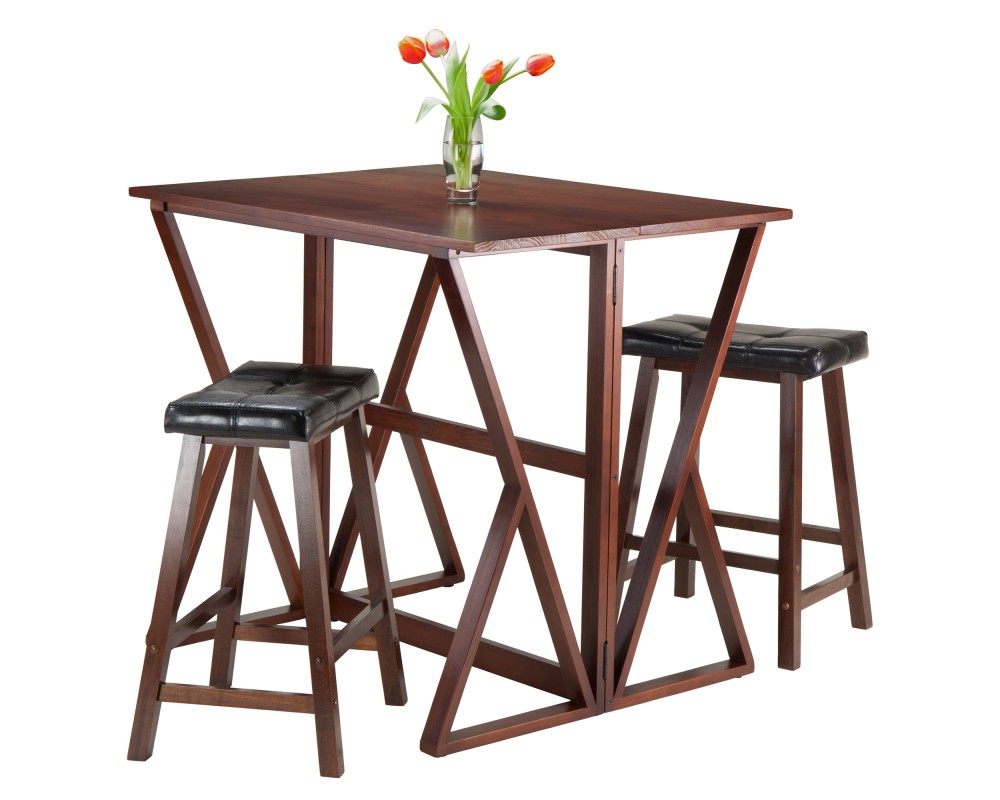 Harrington High Foldable Dining Table with 2 Cushion Saddle-Seat Counter Stools, 36' High, 39' Wide, Walnut and Black