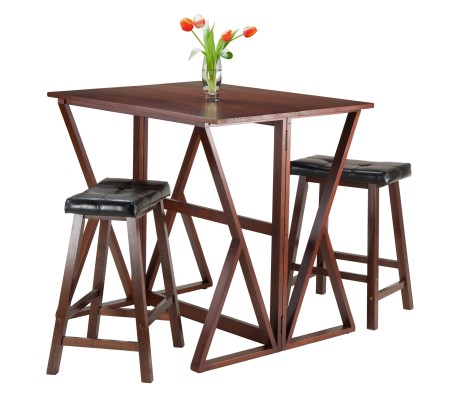 Harrington High Foldable Dining Table with 2 Cushion Saddle-Seat Counter Stools, 36' High, 39' Wide, Walnut and Black