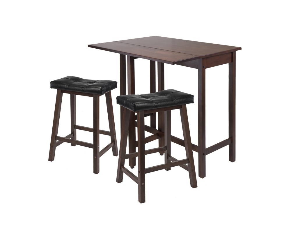 Lynnwood Extendable High Dining Table with 2 Cushion Saddle-Seat Stools, 35' High, 39' Wide, Walnut and Black