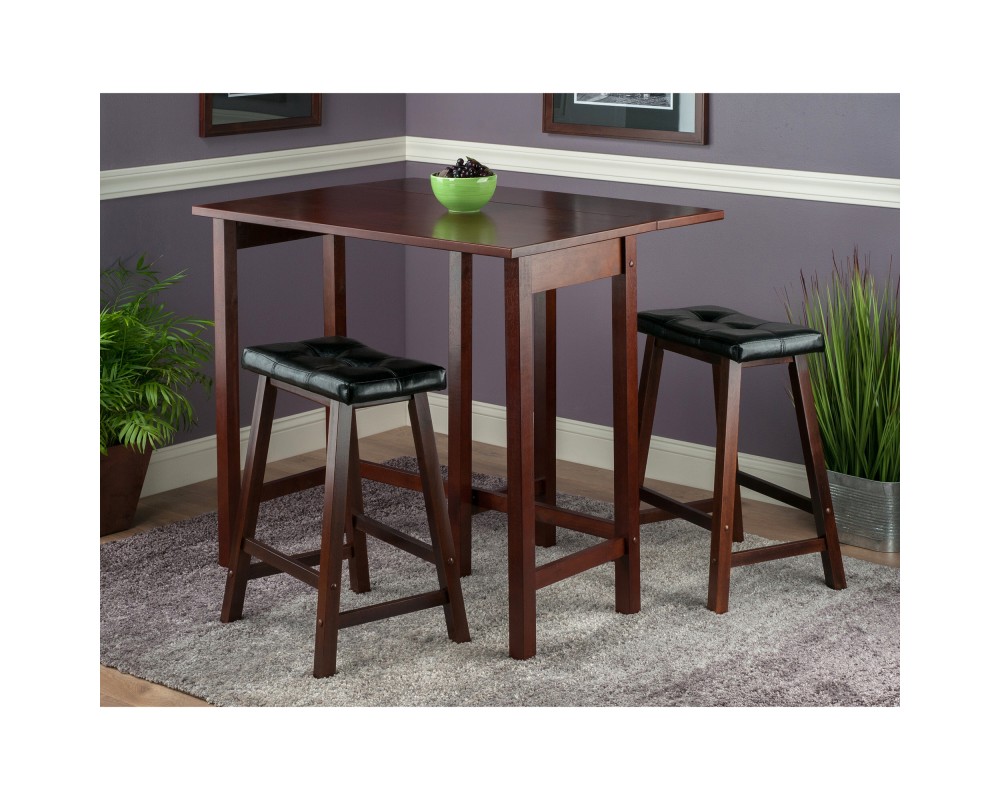 Lynnwood Extendable High Dining Table with 2 Cushion Saddle-Seat Stools, 35' High, 39' Wide, Walnut and Black