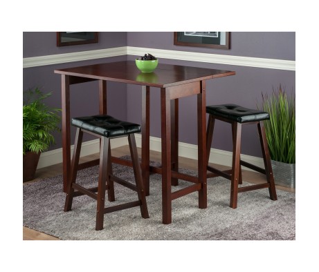 Lynnwood Extendable High Dining Table with 2 Cushion Saddle-Seat Stools, 35' High, 39' Wide, Walnut and Black