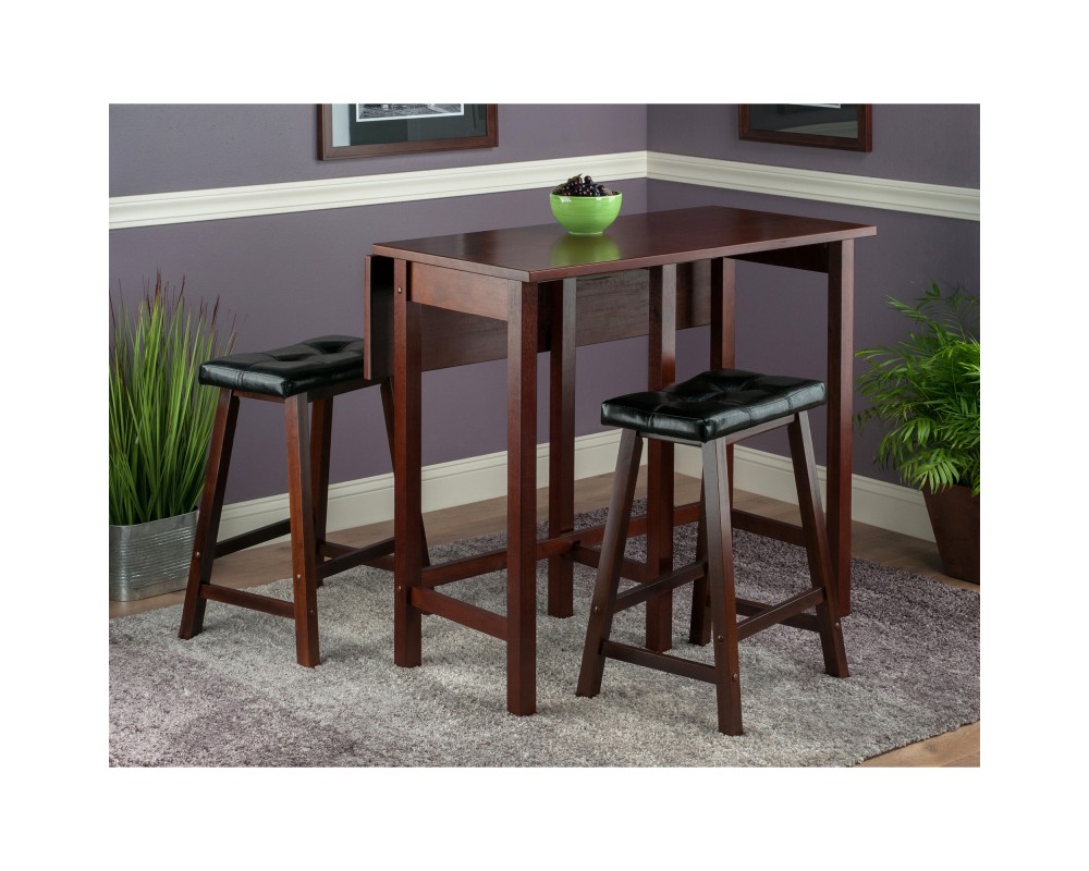 Lynnwood Extendable High Dining Table with 2 Cushion Saddle-Seat Stools, 35' High, 39' Wide, Walnut and Black