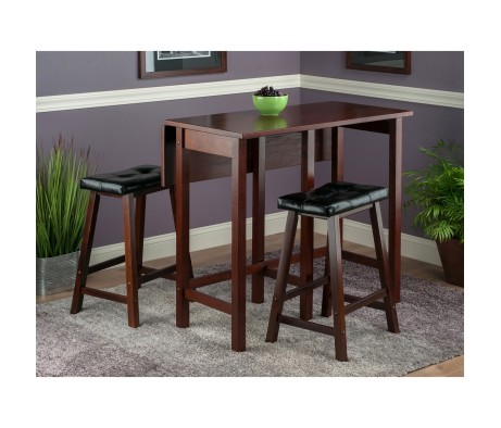 Lynnwood Extendable High Dining Table with 2 Cushion Saddle-Seat Stools, 35' High, 39' Wide, Walnut and Black