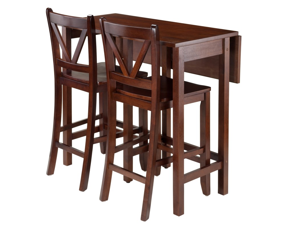Lynnwood Extendable High Dining Table with 2 V-Back Stools, 35' High, 39' Wide, Walnut