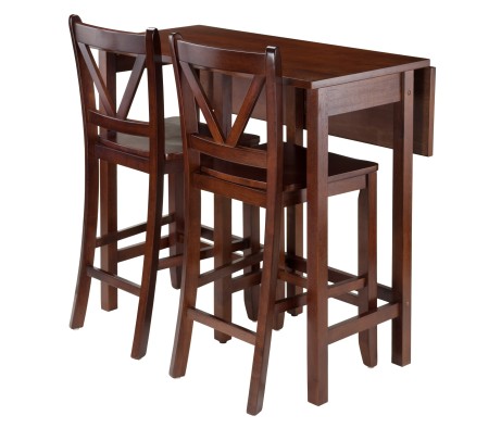 Lynnwood Extendable High Dining Table with 2 V-Back Stools, 35' High, 39' Wide, Walnut