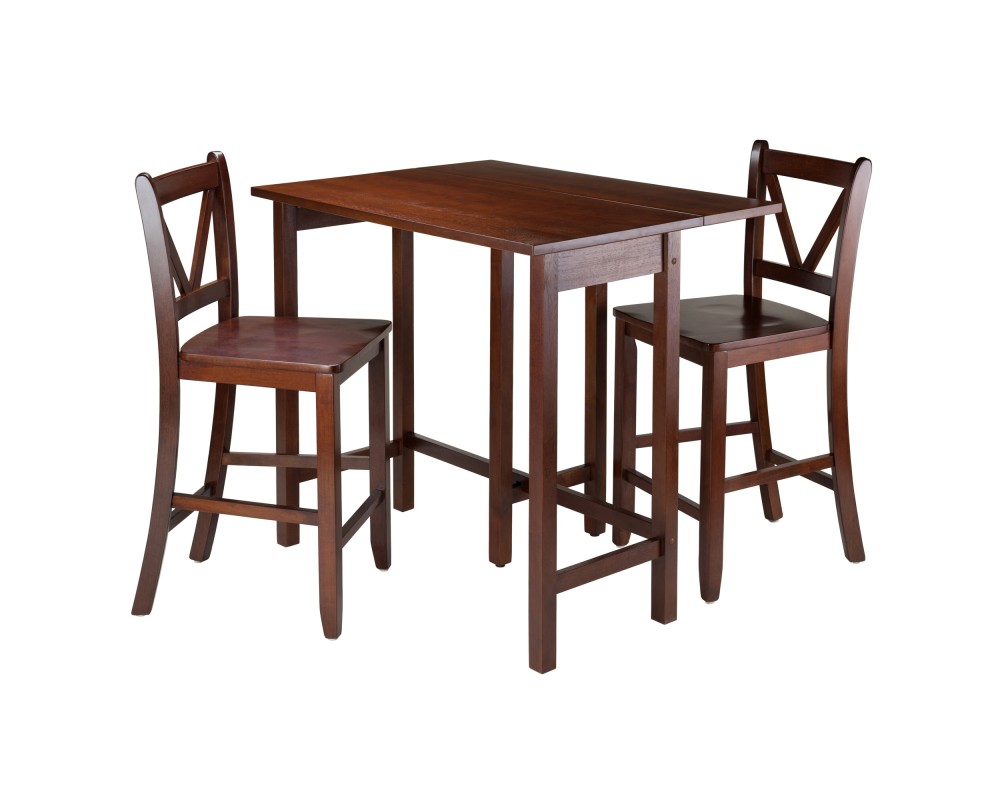 Lynnwood Extendable High Dining Table with 2 V-Back Stools, 35' High, 39' Wide, Walnut