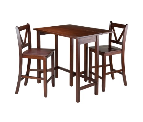 Lynnwood Extendable High Dining Table with 2 V-Back Stools, 35' High, 39' Wide, Walnut