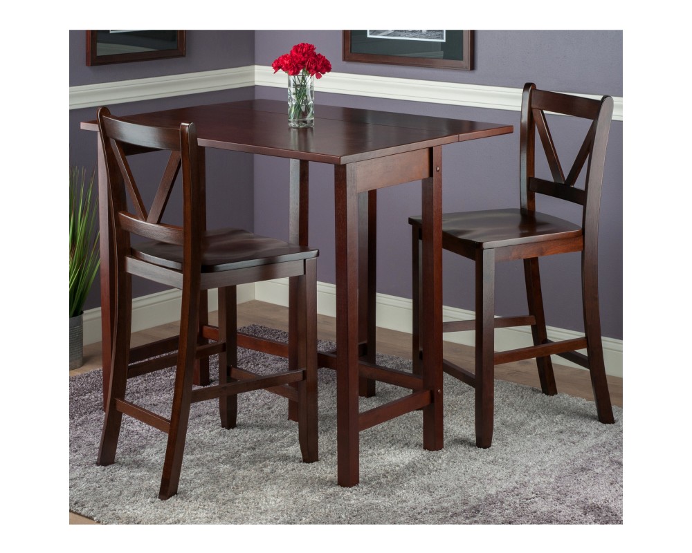Lynnwood Extendable High Dining Table with 2 V-Back Stools, 35' High, 39' Wide, Walnut
