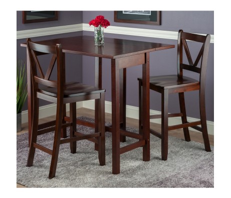 Lynnwood Extendable High Dining Table with 2 V-Back Stools, 35' High, 39' Wide, Walnut