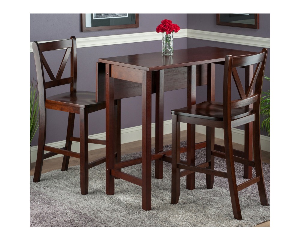 Lynnwood Extendable High Dining Table with 2 V-Back Stools, 35' High, 39' Wide, Walnut