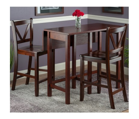 Lynnwood Extendable High Dining Table with 2 V-Back Stools, 35' High, 39' Wide, Walnut