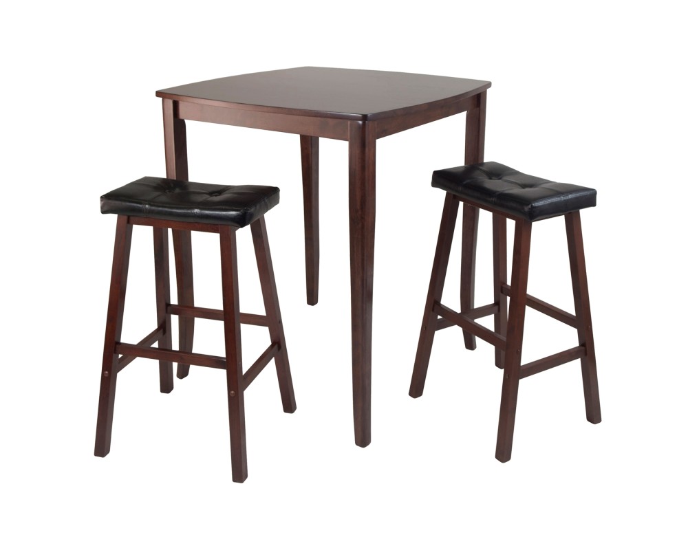 Inglewood High Dining Table with 2 Cushion Saddle-Seat Bar Stools, 39' High, 34' Wide, Walnut and Black