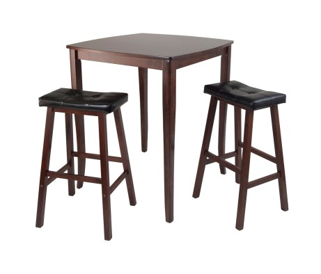 Inglewood High Dining Table with 2 Cushion Saddle-Seat Bar Stools, 39' High, 34' Wide, Walnut and Black