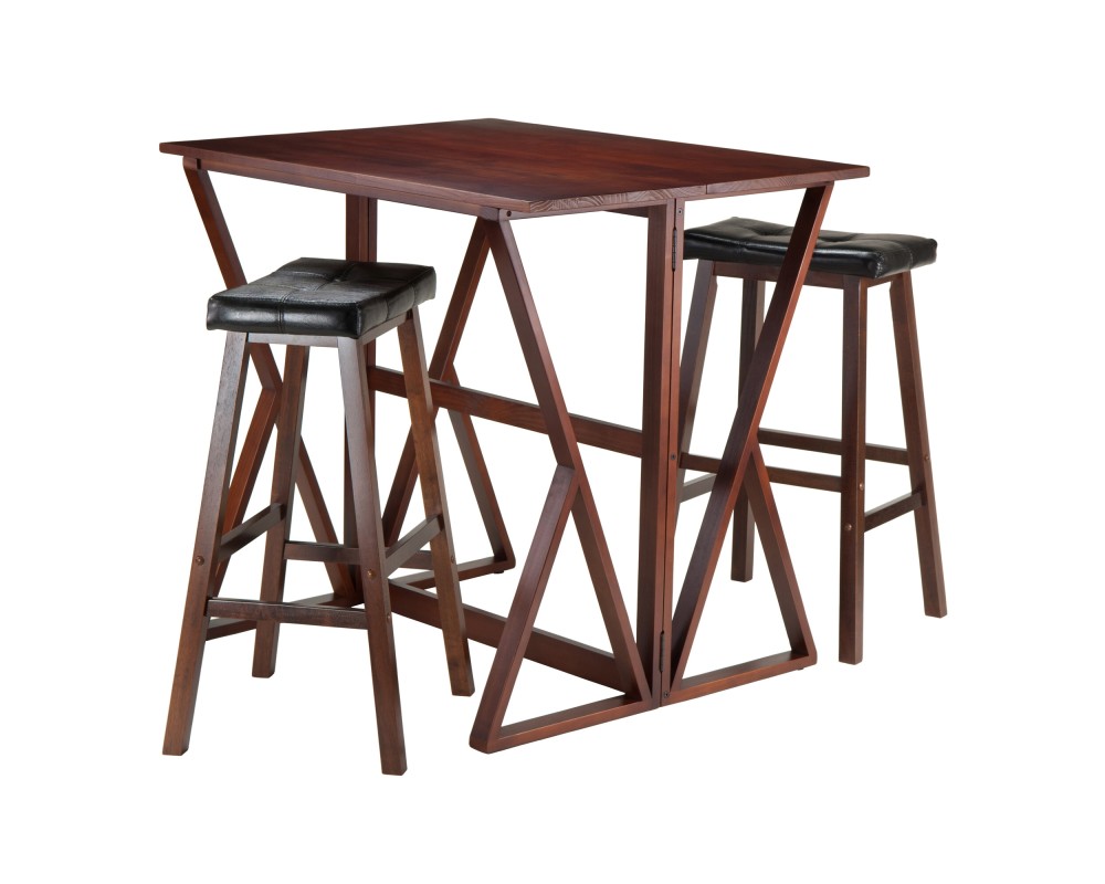 Harrington High Foldable Dining Table with 2 Cushion Saddle-Seat Bar Stools, 36' High, 39' Wide, Walnut and Black