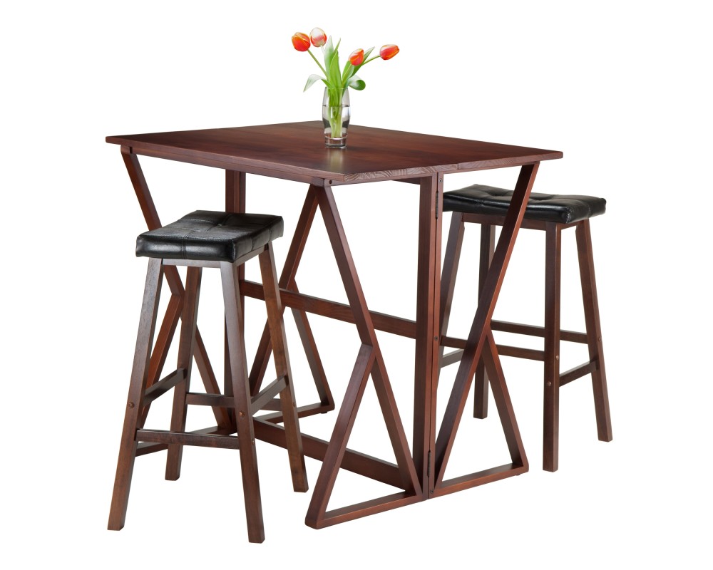 Harrington High Foldable Dining Table with 2 Cushion Saddle-Seat Bar Stools, 36' High, 39' Wide, Walnut and Black