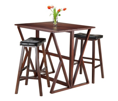 Harrington High Foldable Dining Table with 2 Cushion Saddle-Seat Bar Stools, 36' High, 39' Wide, Walnut and Black