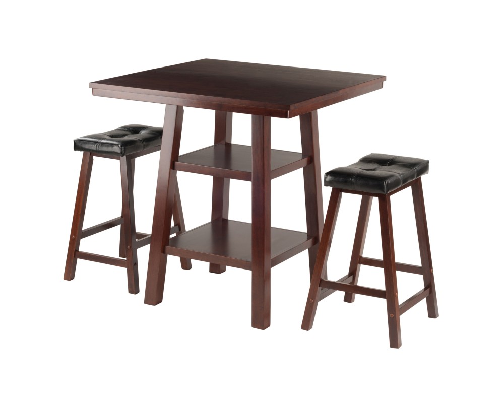 Orlando 3-Pc High Dining Table with 2 Cushion Saddle Seat Counter Stools, Walnut and Black