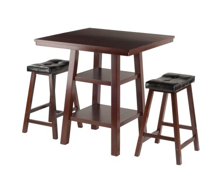 Orlando 3-Pc High Dining Table with 2 Cushion Saddle Seat Counter Stools, Walnut and Black