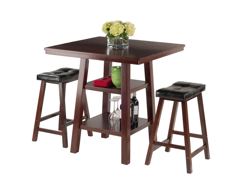 Orlando 3-Pc High Dining Table with 2 Cushion Saddle Seat Counter Stools, Walnut and Black