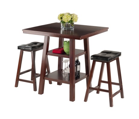 Orlando 3-Pc High Dining Table with 2 Cushion Saddle Seat Counter Stools, Walnut and Black