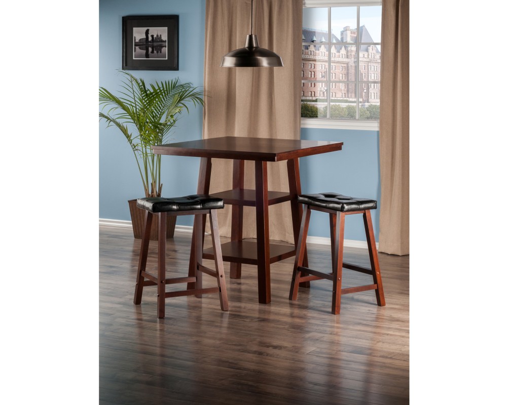 Orlando 3-Pc High Dining Table with 2 Cushion Saddle Seat Counter Stools, Walnut and Black