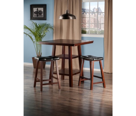 Orlando 3-Pc High Dining Table with 2 Cushion Saddle Seat Counter Stools, Walnut and Black