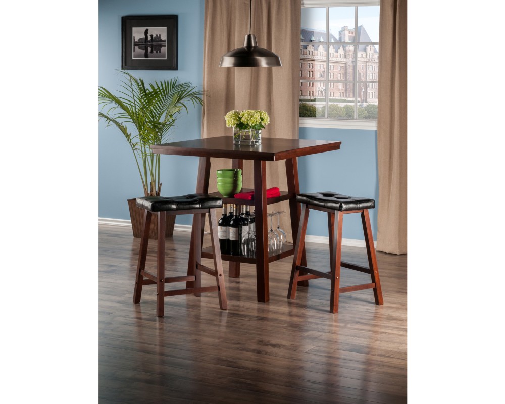 Orlando 3-Pc High Dining Table with 2 Cushion Saddle Seat Counter Stools, Walnut and Black
