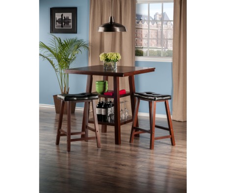 Orlando 3-Pc High Dining Table with 2 Cushion Saddle Seat Counter Stools, Walnut and Black
