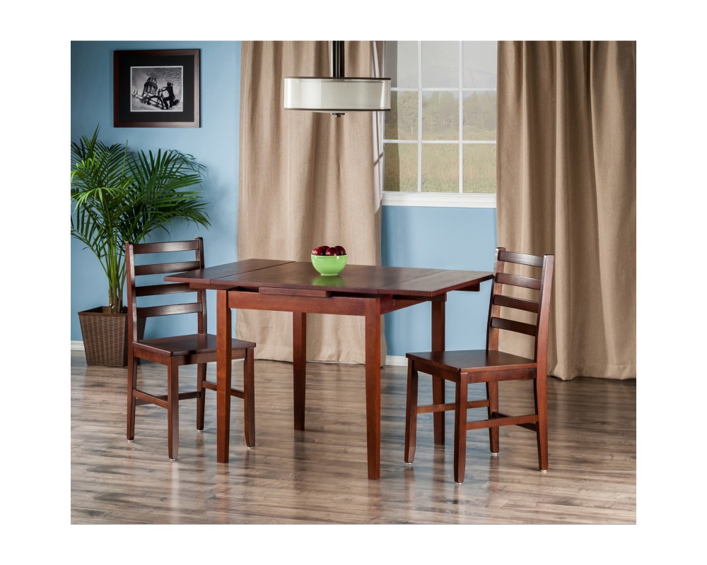 Pulman 3-Pc Extendable Dining Table with 2 Ladder Back Chairs, Walnut