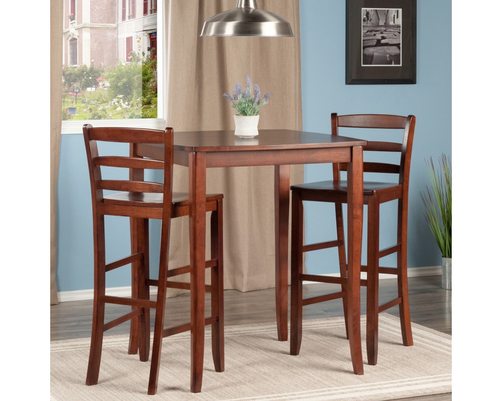 Inglewood High Dining Table with 2 Ladder-Back Bar Stools, 39' High, 34' Wide, Walnut