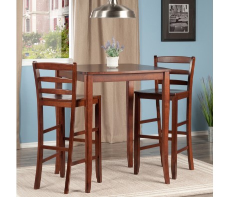 Inglewood High Dining Table with 2 Ladder-Back Bar Stools, 39' High, 34' Wide, Walnut