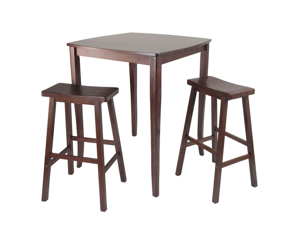 Inglewood High Dining Table with 2 Saddle-Seat Bar Stools, 39' High, 34' Wide, Walnut