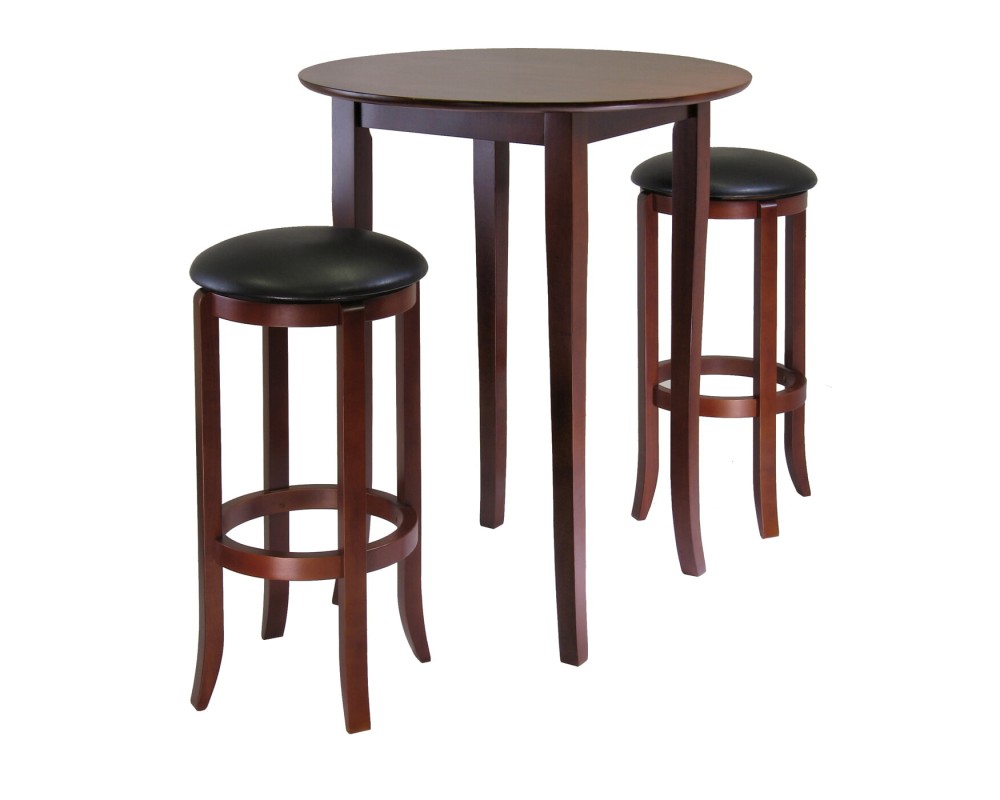 Fiona High Round Dining Table with 2 Swivel Cushion Bar Stools, 39' High, 34' Wide, Walnut and Black