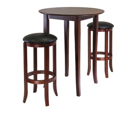 Fiona High Round Dining Table with 2 Swivel Cushion Bar Stools, 39' High, 34' Wide, Walnut and Black