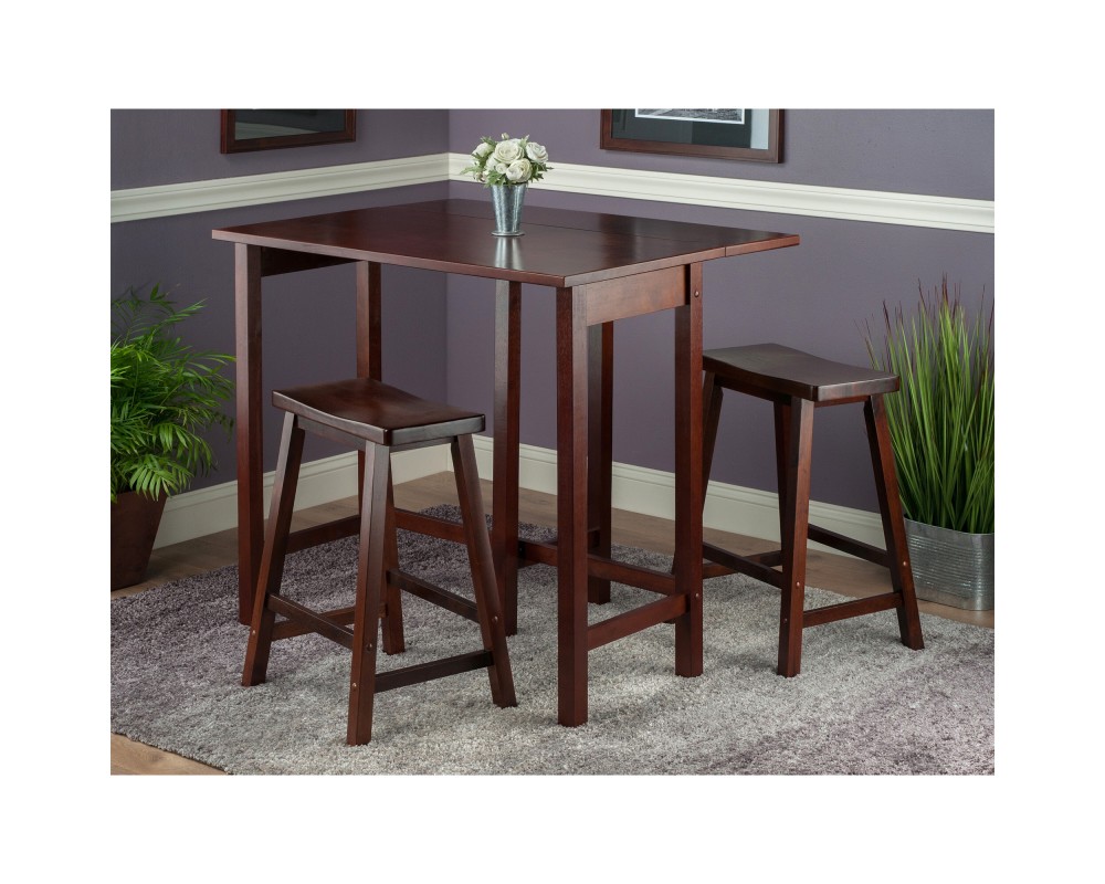 Lynnwood Extendable High Dining Table with 2 Saddle-Seat Stools, 35' High, 39' Wide, Walnut