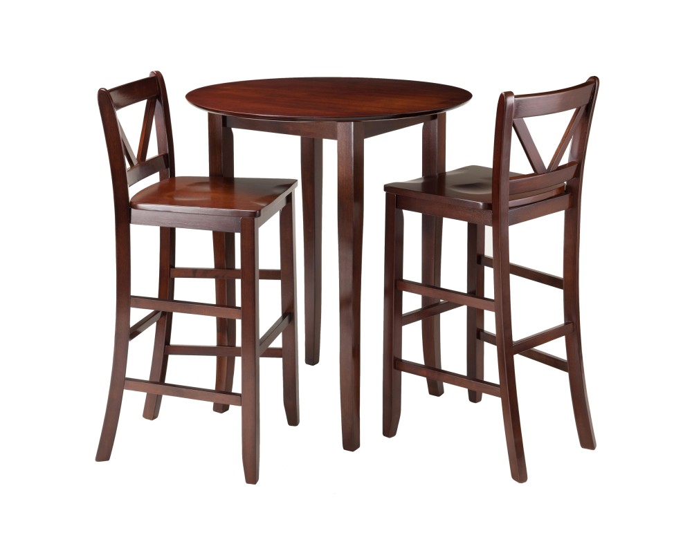 Fiona High Round Dining Table with 2 V-Back Stools, 39' High, 34' Wide, Walnut