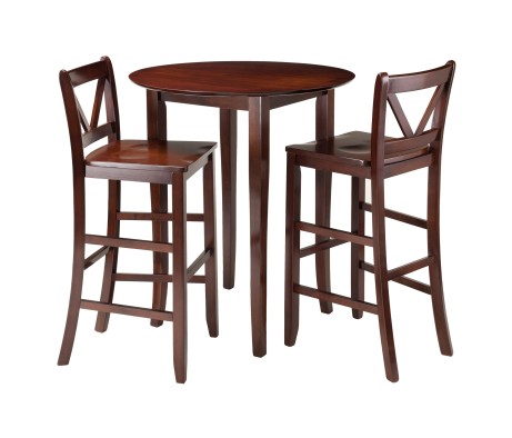 Fiona High Round Dining Table with 2 V-Back Stools, 39' High, 34' Wide, Walnut