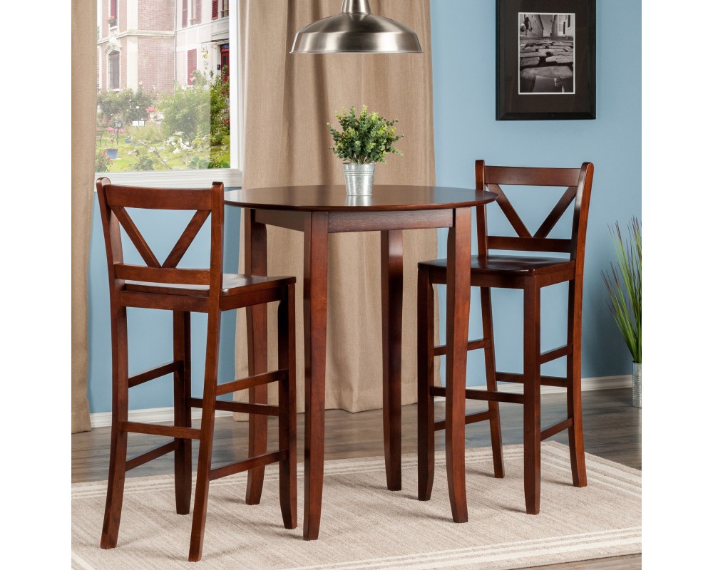 Fiona High Round Dining Table with 2 V-Back Stools, 39' High, 34' Wide, Walnut