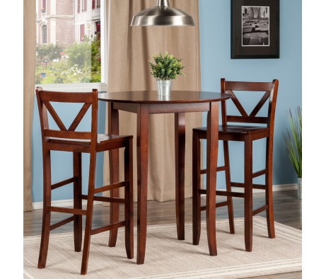 Fiona High Round Dining Table with 2 V-Back Stools, 39' High, 34' Wide, Walnut