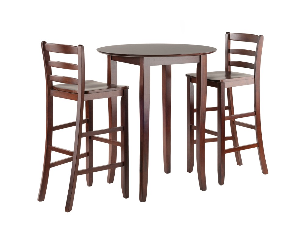 Fiona High Round Dining Table with 2 Ladder-Back Bar Stools, 39' High, 34' Wide, Walnut